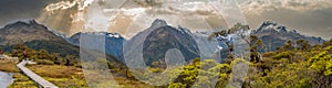 Panoramic view of the Southern Alps at Key Summit, Fiordland National Park in New Zealand