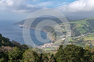 Panoramic view of the southern coastline of Sao Miguel island, with Provoacao in the foreground Azores, Portugal