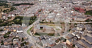 Panoramic view of Spanish town of Ponferrada with Castillo de los Templarios castle