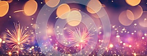 Panoramic View of Sparkling Fireworks and Bokeh Lights