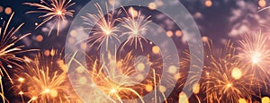 Panoramic View of Sparkling Fireworks and Bokeh Lights