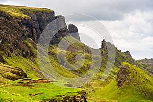 Panoramic view of the spectacular and strange landscape of the Quiraing Mountains on the Isle of Skye, Scotland.