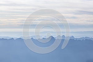 Panoramic view of the spectrally looking line of mountains in the French Alps, Chamonix-Mont-Blanc, France