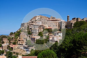 Panoramic view of Speloncato, a picturesque hillside village in Balagne. Corsica, France.