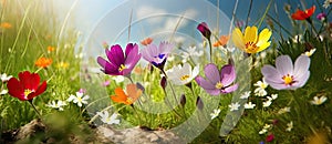 Panoramic view of spring wild flowers in a meadow - AI Generated