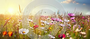 Panoramic view of spring wild flowers in a meadow - AI Generated