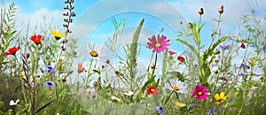 Panoramic view of spring wild flowers in a meadow - AI Generated