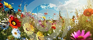 Panoramic view of spring wild flowers in a meadow - AI Generated