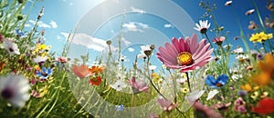 Panoramic view of spring wild flowers in a meadow - AI Generated