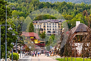 Panoramic view of St. Jacob square, plac Sw. Jakuba, in Szczyrk mountain resort of Beskidy Mountains in Silesia region of Poland