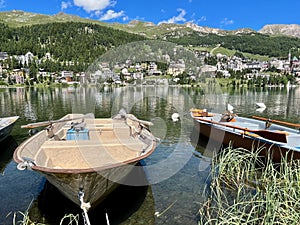 Panoramic view of St. Moritzersee and Alpine resort St. Moritz in Graubuenden, Grisons, Switzerland.