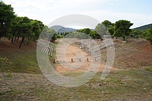 Panoramic view of the stadium in the archaeological site of Epidaurus photo