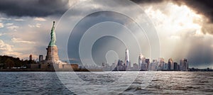 Panoramic view of the Statue of Liberty and Downtown Manhattan