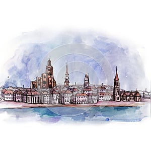 The panoramic view of Stockholm watercolor