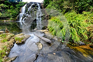 A panoramic view of a stone cairn at Owharoa Falls in Karangahake Gorge in Waikato, Tauranga 2