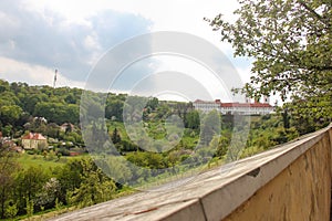 Panoramic view of Strahov Monastery through the wall fence in Hradcany, Prague, Czech Republic. Diagonal wall on