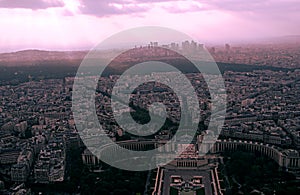 Panoramic view of the streets of Paris at the end of the afternoon, with the last sunbeams falling over the city, from the Eiffel