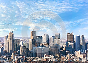 Panoramic view of a strip of skyscrapers overlooking the buildings of the western district of Shinjuku.