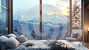 Panoramic view from stylish modern bedroom to winter snowy mountains at sunrise