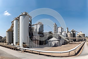 Panoramic view of a sugar factory\'s exterior, with storage silos, smokestacks, and a network of pipes and conveyors photo