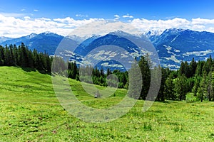 Panoramic view of summer mountain scenery in the Alps