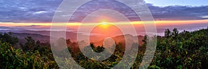 Panoramic view of sunrise with mist and mountain at Doi Pha Hom Pok, the second highest mountain in Thailand, Chiang Mai, Thailand photo