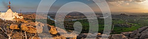 Panoramic view at sunset from the monkey temple over hampi india karnakata unesco