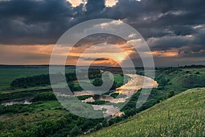 Panoramic view of the sunset over the river.