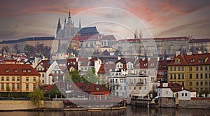 Panoramic view with sunset sky scene in Prague Castle  in spring season at  Czech Republic