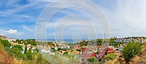 Panoramic view of the surroundings and the sea from Benalmadena Butterfly Park. Malaga, Andalusia, Spain