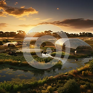 A panoramic view of a sustainable farm at sunrise