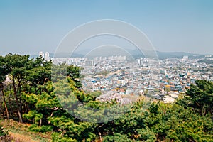 Panoramic view of Suwon city from Paldalsan Mountain in Suwon, Korea