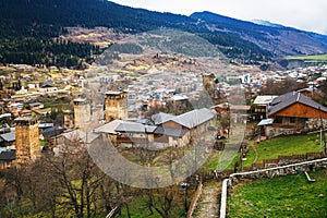Panoramic view on Svan tower in Upper Svaneti village Mestia, Georgia photo