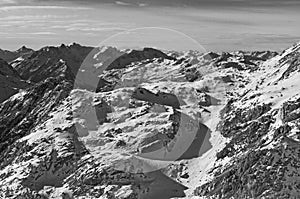 Panoramic view of the Swiss alps around Parsenn peak above Davos City