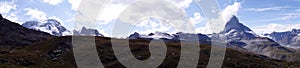 Panoramic view of Swiss Alps with Breithorn on the left and Matterhorn on the right