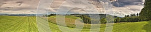 Panoramic view of swiss alps with green fields on the hills around Bern