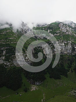 Panoramic view of swiss Alpstein alpine mountain range Appenzell Innerrhoden Switzerland