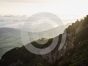 Panoramic view of swiss Alpstein alpine mountain range Ebenalp Appenzell Innerrhoden Switzerland
