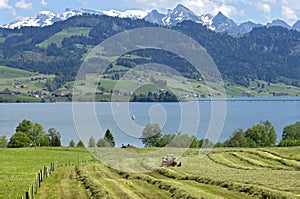 Panoramic view of Swiss mountain village in Alps