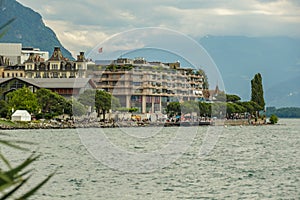 Panoramic view on swiss promenade, alpine riviera and Lake Geneva landscape in Montreux city in SWITZERLAND