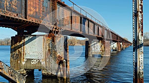 A panoramic view of the sy steel beams stretching across the water slowly but surely connecting the two ends of the photo