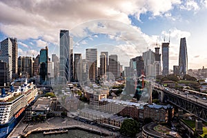 Panoramic view of Sydney. Drone photo of modern city buildings, skyscrapers, streets. Australia