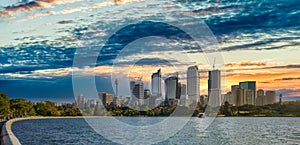 Panoramic view of Sydney Harbour and Downtown Skyline at sunset, New South Wales