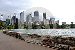 Panoramic view of Sydney skyline and bay. Farm Cove Bay - with its Botanic Gardens and Sydney skyline in the background