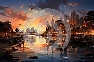 Panoramic view of Sydney skyline at sunset. AI generated Generative AI