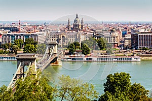 Panoramic view of Szechenyi Chain Bridge Budapest, Hungary