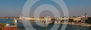 Panoramic view of Szechenyi Chain Bridge over Danube, Budapest, Hungary at daytime