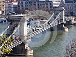 Panoramic view of Szechenyi Chain Bridge over Danube, Budapest,