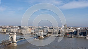 Panoramic view of of Szenchenyi Chain bridge over Danube river in Budapest winter