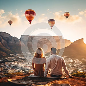 Panoramic view of Table Mountain with colorful hot air balloons in Cape Town